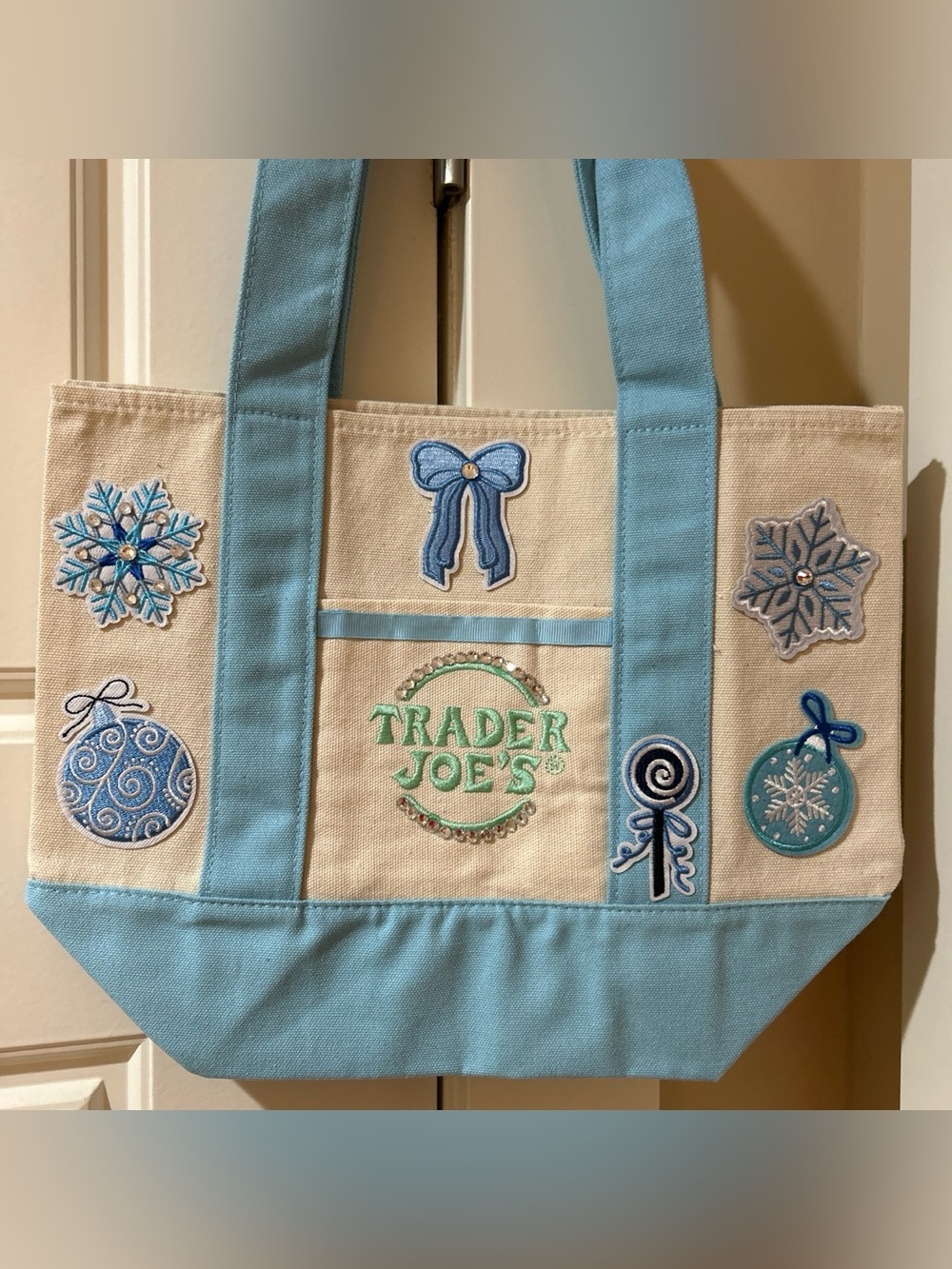 Upcycled Trader Joe's Holiday Patch Canvas Tote - Light Blue Accents